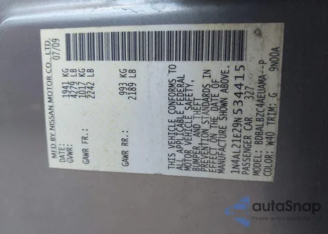 2009 Nissan Altima 2.5 S z USA, uszkodzony, nr VIN 1N4AL21E29N534415